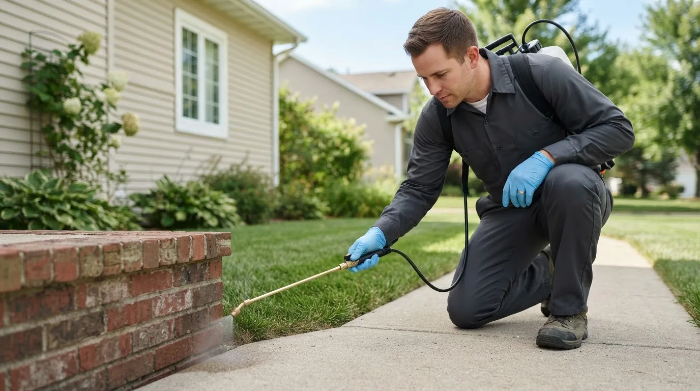 Pest control technician treating a home near Burke, NY